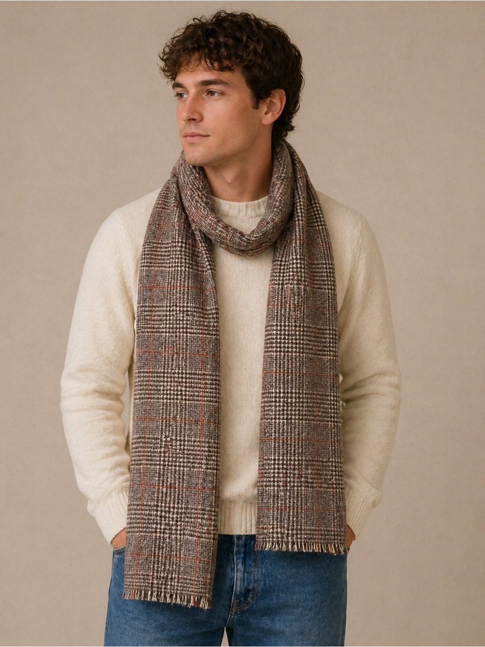 Line of Trade MENS Plaid Merino Wool Frayed Scarf Brown Tan